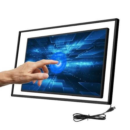 Multi-touch infrared IR touch frame overlay kit being installed on a large commercial digital signage display screen by WG Electronic UAE