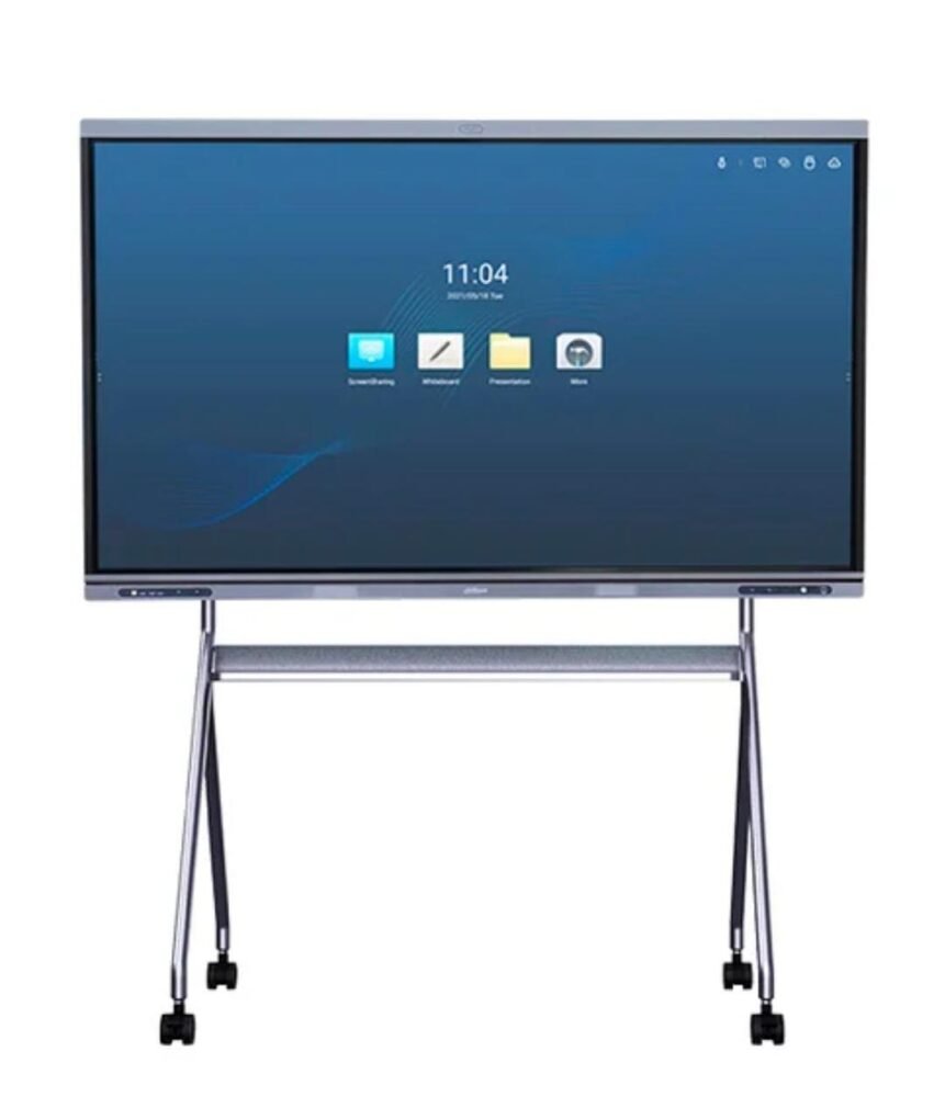 Modern 3-panel classroom interactive blackboard with a central ultra-HD smart touch display and side writing panels by MaxUp UAE